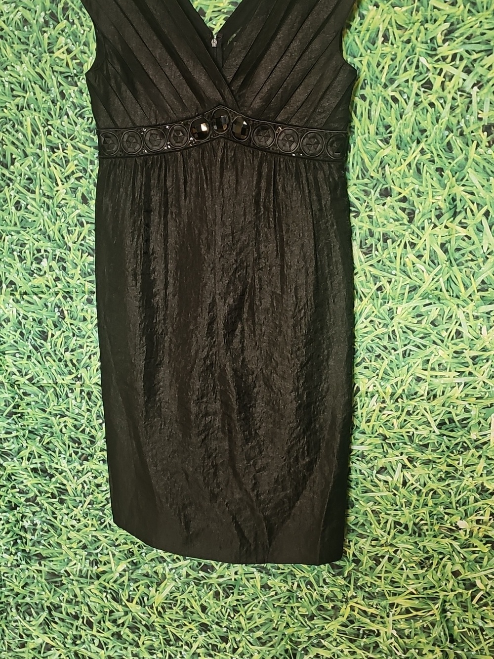 Adrianna Papell Black V-Neck Embellished Midi Dress with Cap Sleeves - Picture 8 of 8